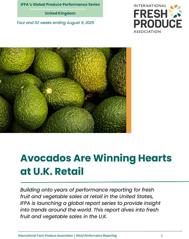 Promotional image for IFPA's avocado report, featuring avocados and report details.