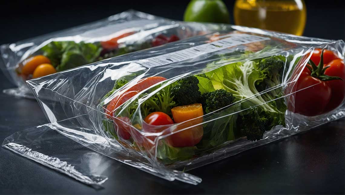 Clear plastic bags filled with cherry tomatoes, lettuce, and broccoli on a dark surface.