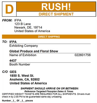D RUSH Direct Shipment Direct to Booth Label Global Show GES