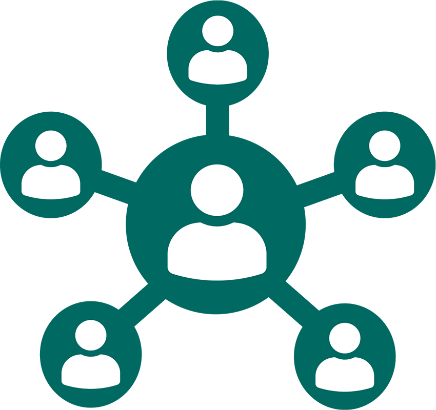 Icon of one larger circle in the center connecting to multiple smaller circles. Each circle contains a representation of a human.