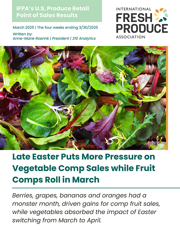 Promotional graphic for the International Fresh Produce Association featuring sweet potatoes and report details