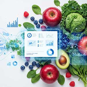 Assortment of fresh produce with overlaid digital charts and graphics.